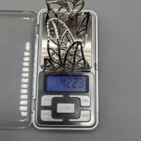 Silver Leaf Filigree Cuff Bracelet w/ 14K Gold Detail Cubic Zirconia - Picture 9 of 10